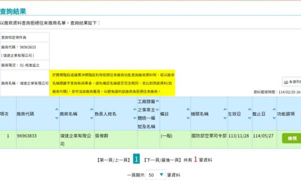 竣达企业因违约，目前还是被国防部列为停权拒绝往来厂商。（图片来源：取自政府电子采购网/上报）