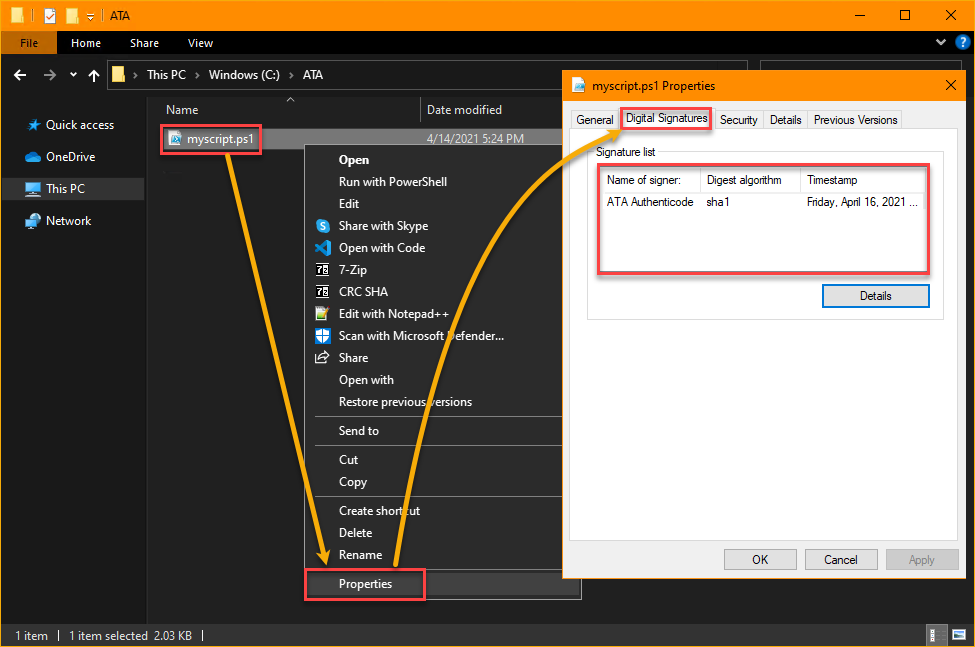 Viewing the digital signature in the script's file properties