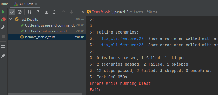 Image of CTest running behave tests in CLion