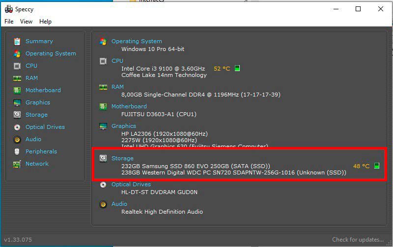 Bevor es mit dem SSD-Tuning losgeht, sollten Sie genau wissen, welche Laufwerke im System eingebaut sind. Mit dem Tool Speccy geht das schnell. Es listet Festplatten unter „Storage“ auf.