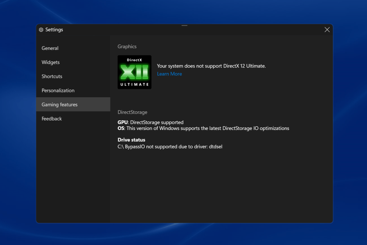 Windows Gaming Mode shows DirectStorage support under Gaming Features menu