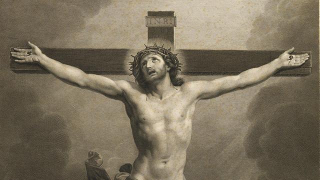 Die Kreuzigung des Jesus von Nazareth, im Hintergrund eine Stadt: nach Guido Reni, 1870, digital restaurierte Reproduktion von einer Vorlage aus dem 19. Jahrhundert