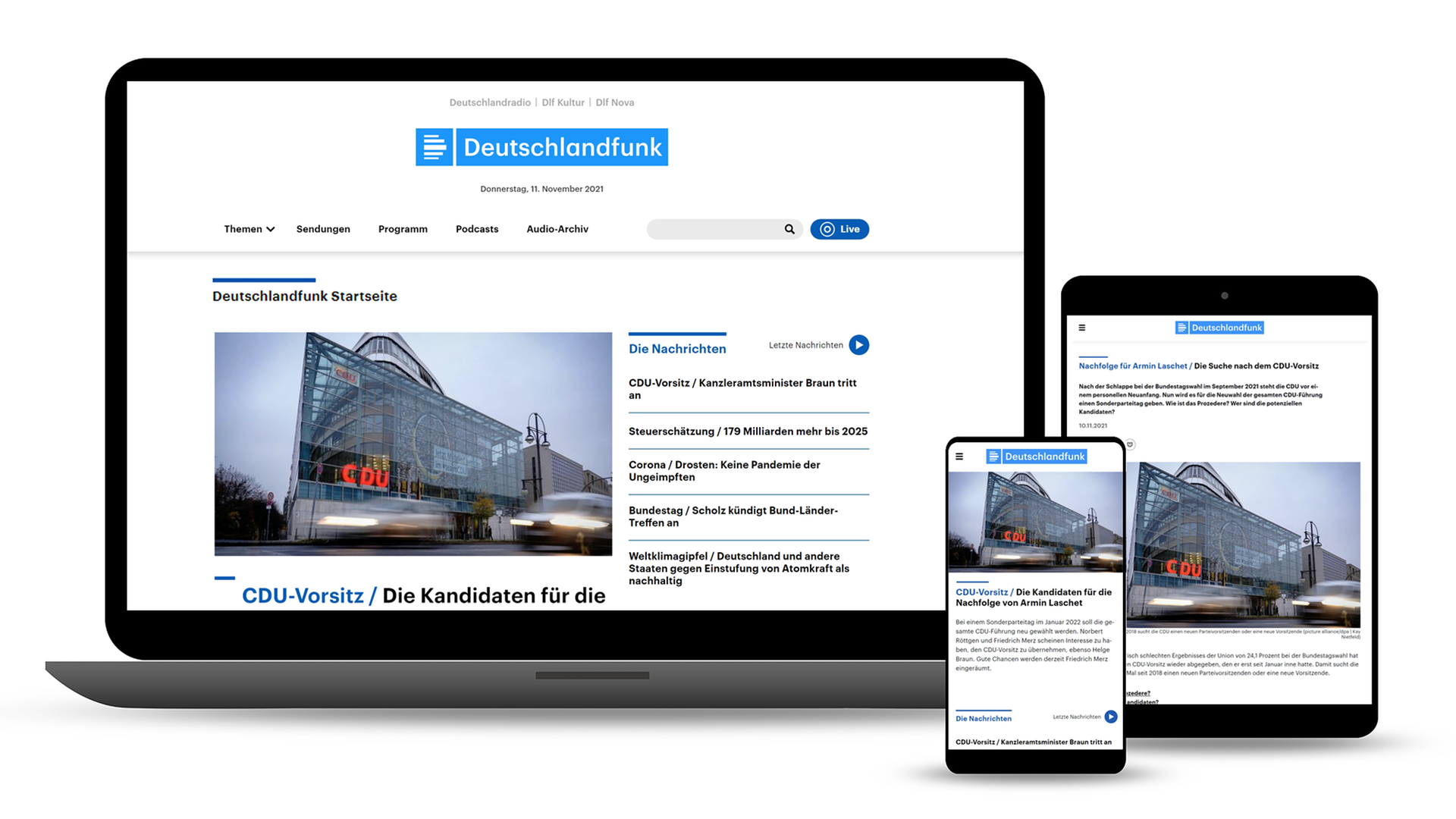 Die Startseite vom Deutschlandfunk ist auf einem Laptop, Tablet und Smartphone zu sehen