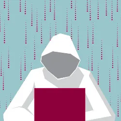 faceless figure wearing a hoodie in front of a laptop computer, illustration