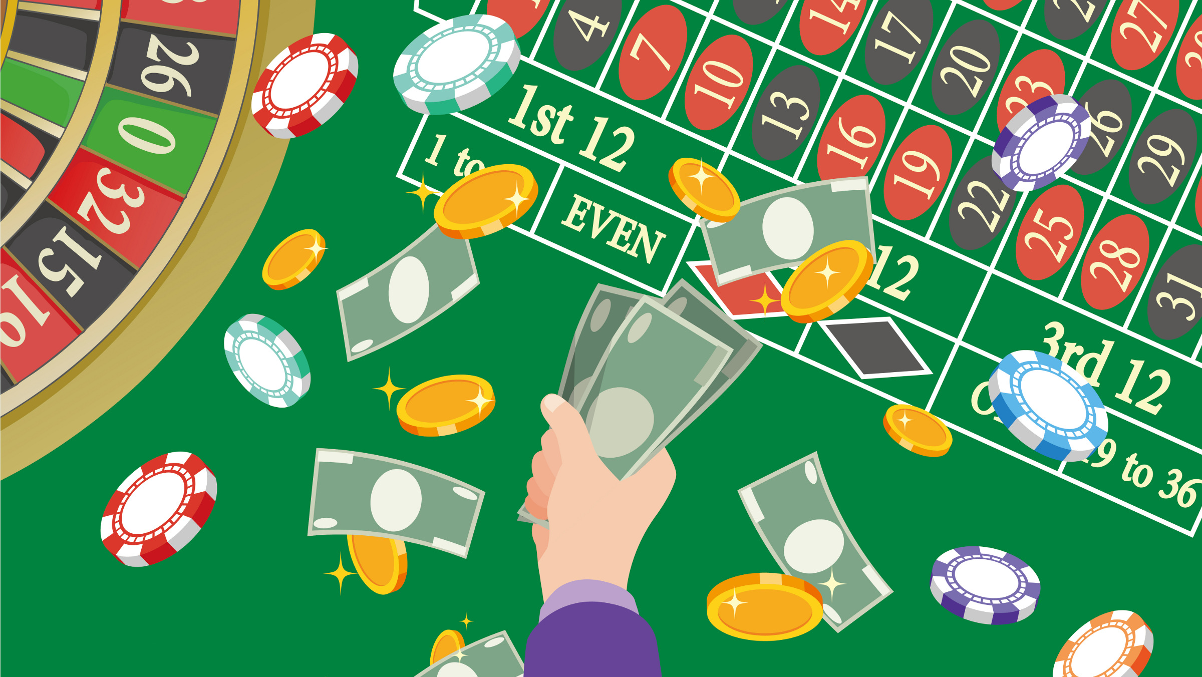 hand holding cash at a casino roulette table, illustration