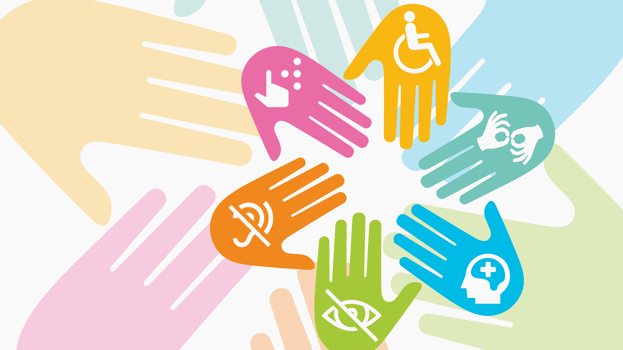 disability icons on rainbow-colored hands, illustration