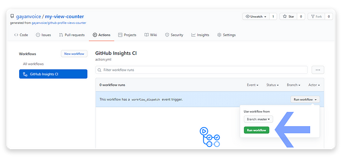 GitHub Profile Views Counter - click on run workflow button