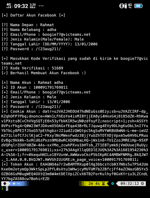 Menjalankan script Contoh cara membuat akun Facebook menggunakan library fbthon