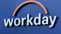 Workday logo and branding pictured on a sign in Davos, Switzerland ahead of the World Economic Forum (WEF).