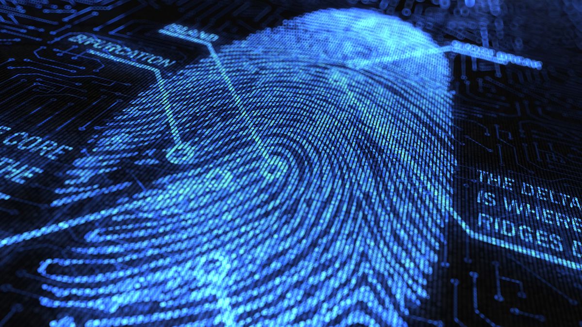 Blue fingerprint with labels on digital background