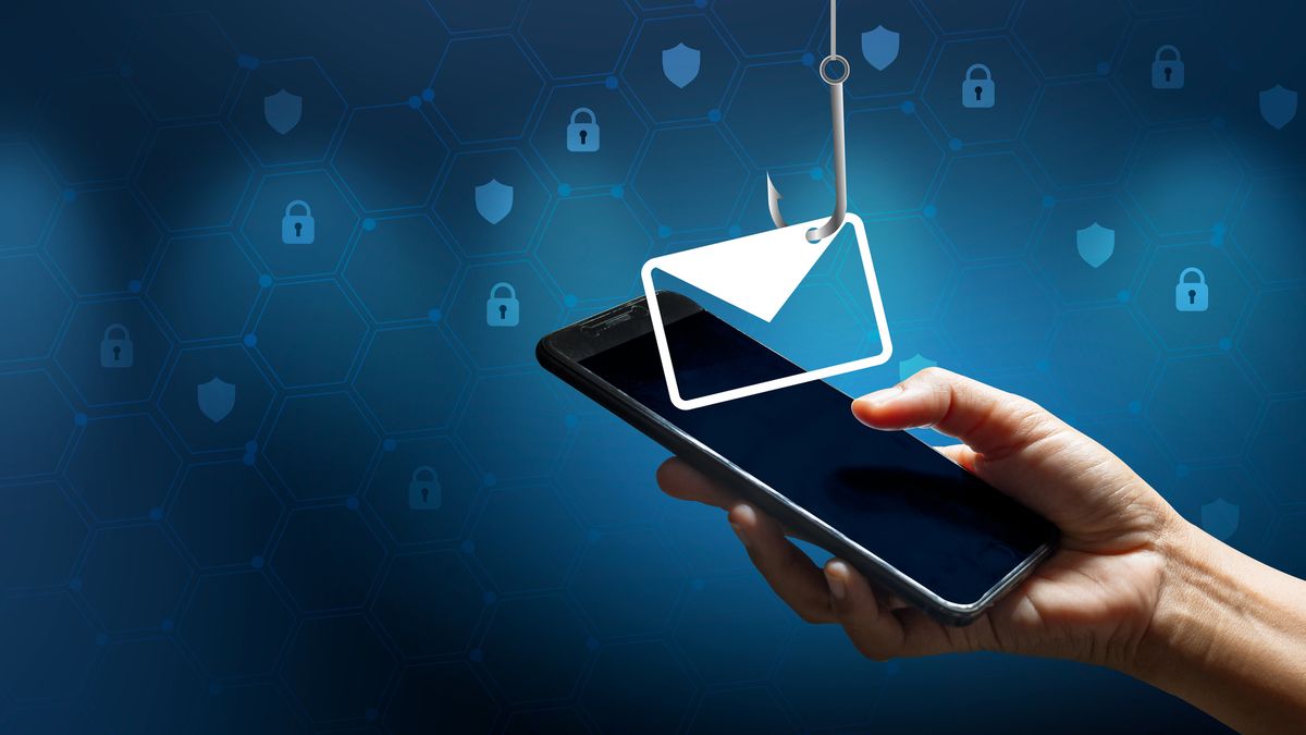 A hand holding a smartphone with a fishhook and envelope overlaid, to represent MFA bypass and sophisticated phishing attacks.