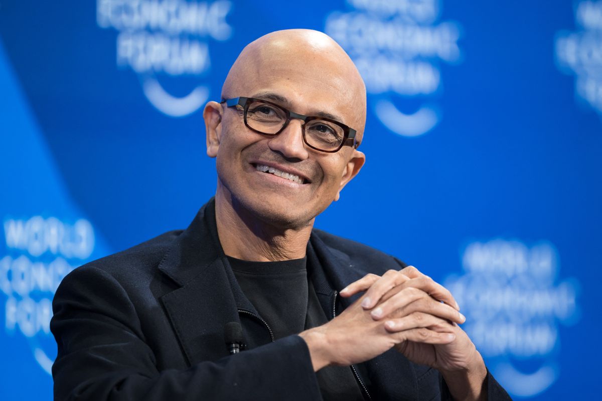 Microsoft CEO Satya Nadella gestures during a session at the World Economic Forum (WEF) annual meeting in Davos, on January 16, 2024