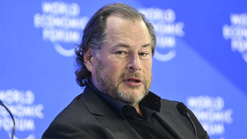 Salesforce CEO Marc Benioff pictured on stage during a panel discussion at the World Economic Forum in Davos, Switzerland.