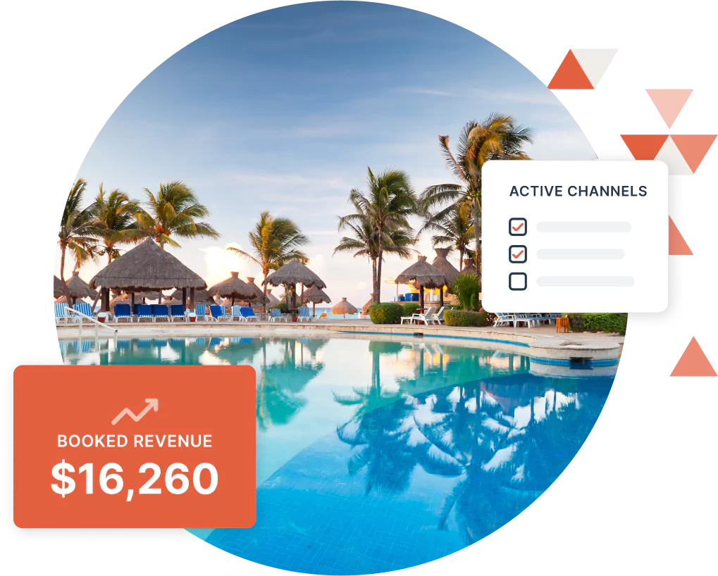 Image of a tropical hotel pool with graphics showing increase in booked revenue and a checklist of active channels