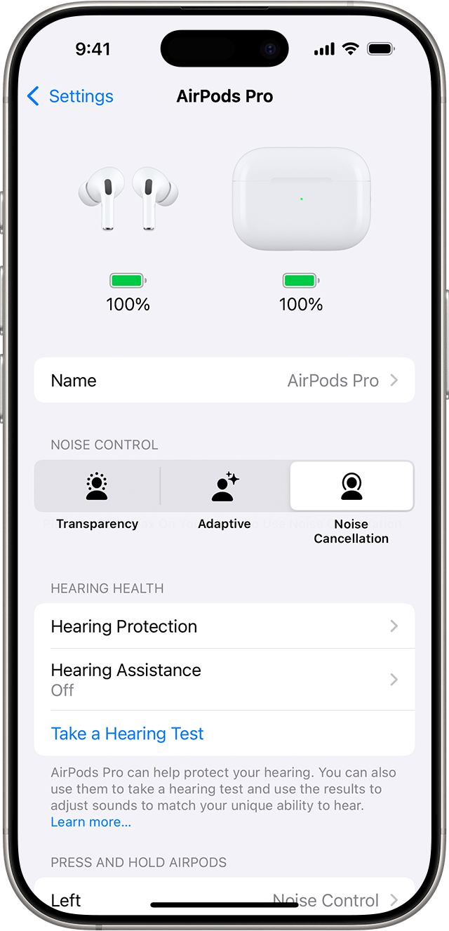 „AirPods Pro 2“ nuostatos telefone „iPhone“. „Hearing Health“ (klausos sveikatos) parinktys, įskaitant klausos patikrai pradėti skirtą mygtuką, pateikiamos po „Noise Control“ (triukšmo kontrolės) parinktimis.