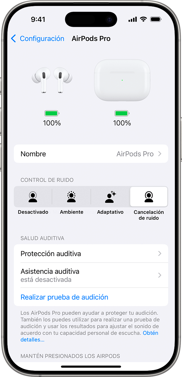 Configuración de los AirPods Pro 2 en el iPhone. Las opciones de Salud Auditiva, incluido un botón para comenzar una prueba de audición, se enumeran después de las opciones de Control de Ruido.