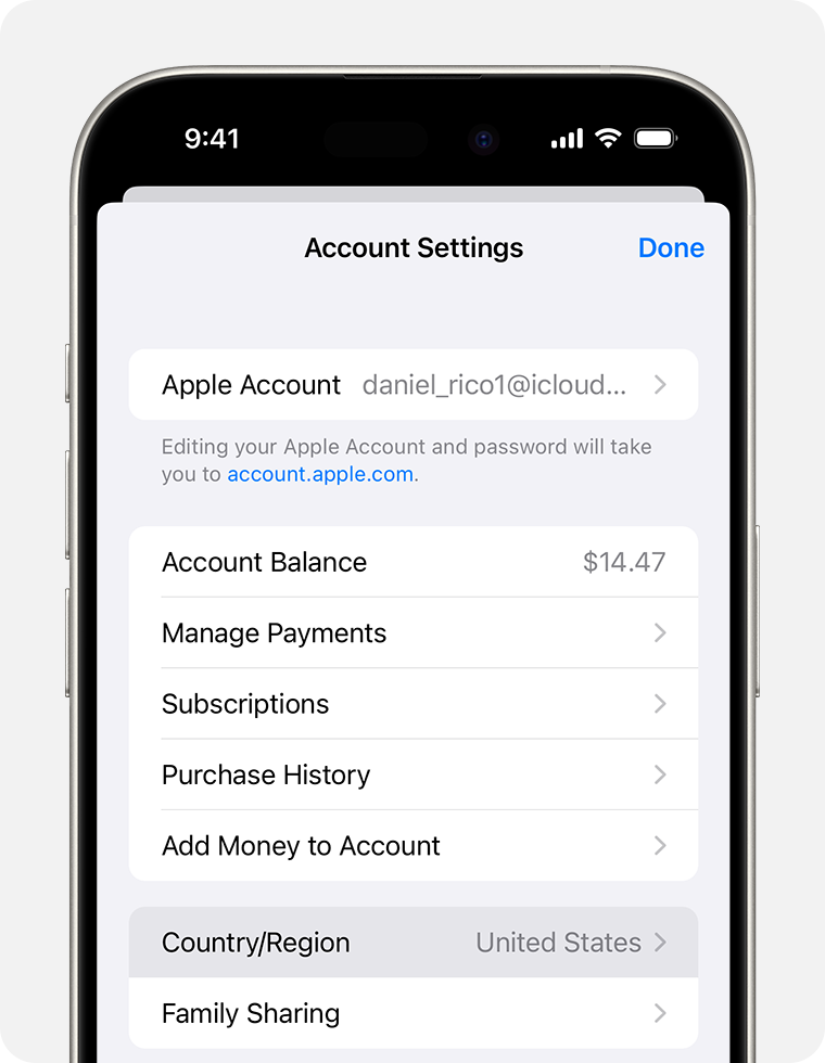 iPhone showing Country/Region in Account Settings