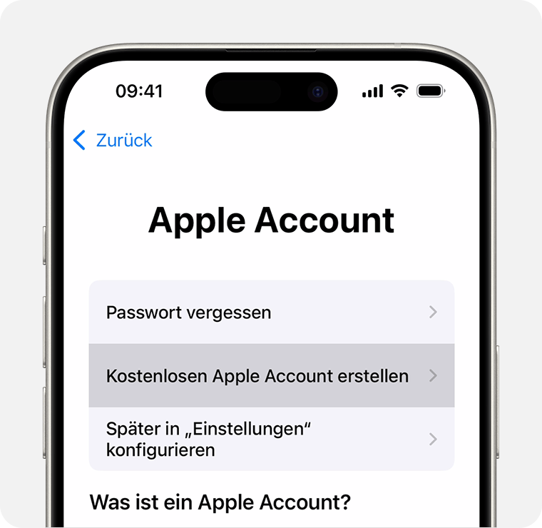 iPhone-Bildschirm, auf dem die Option zum Auswählen von „Gratis Apple Account erstellen“ angezeigt wird