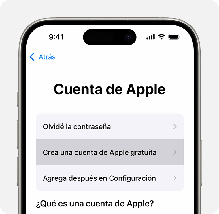 Pantalla del iPhone en la que se muestra la opción de seleccionar Crea una cuenta de Apple gratuita