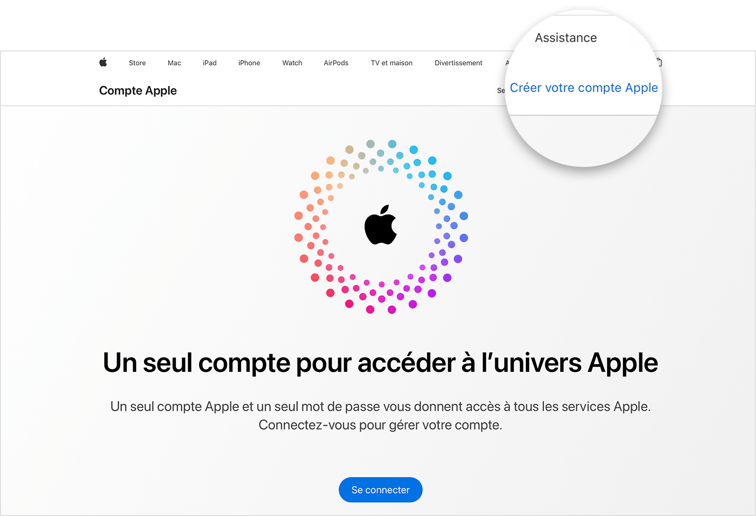 Écran Web affichant le lien Créer un compte Apple