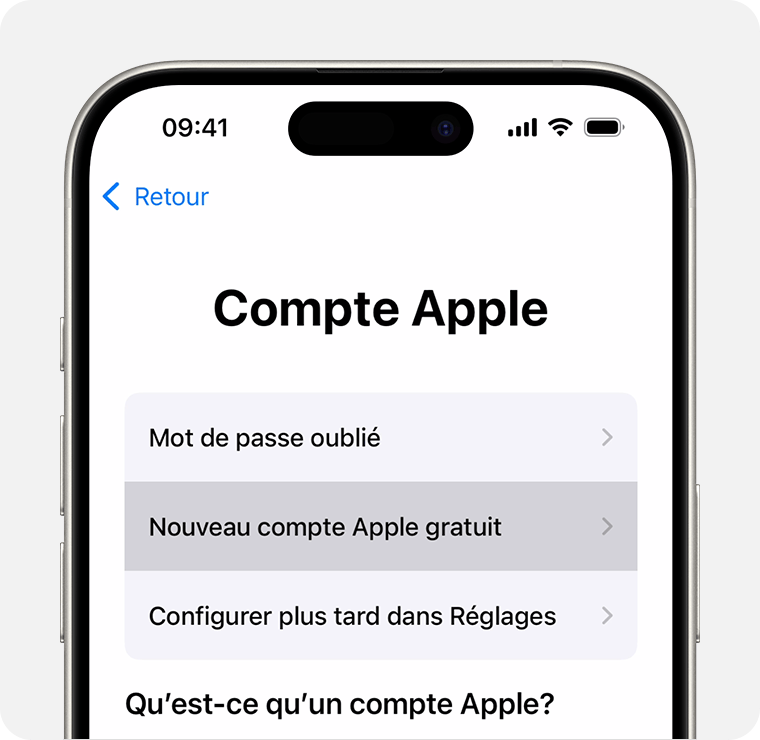 Écran d’iPhone affichant l’option Nouveau compte Apple gratuit