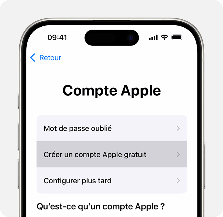 Écran de l’iPhone affichant l’option permettant de sélectionner Créer un compte Apple gratuit