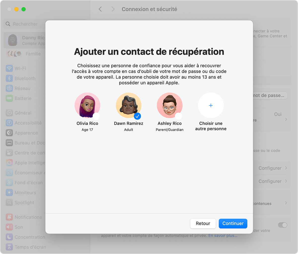 Mac montrant les contacts que vous pouvez ajouter en tant que contact de récupération