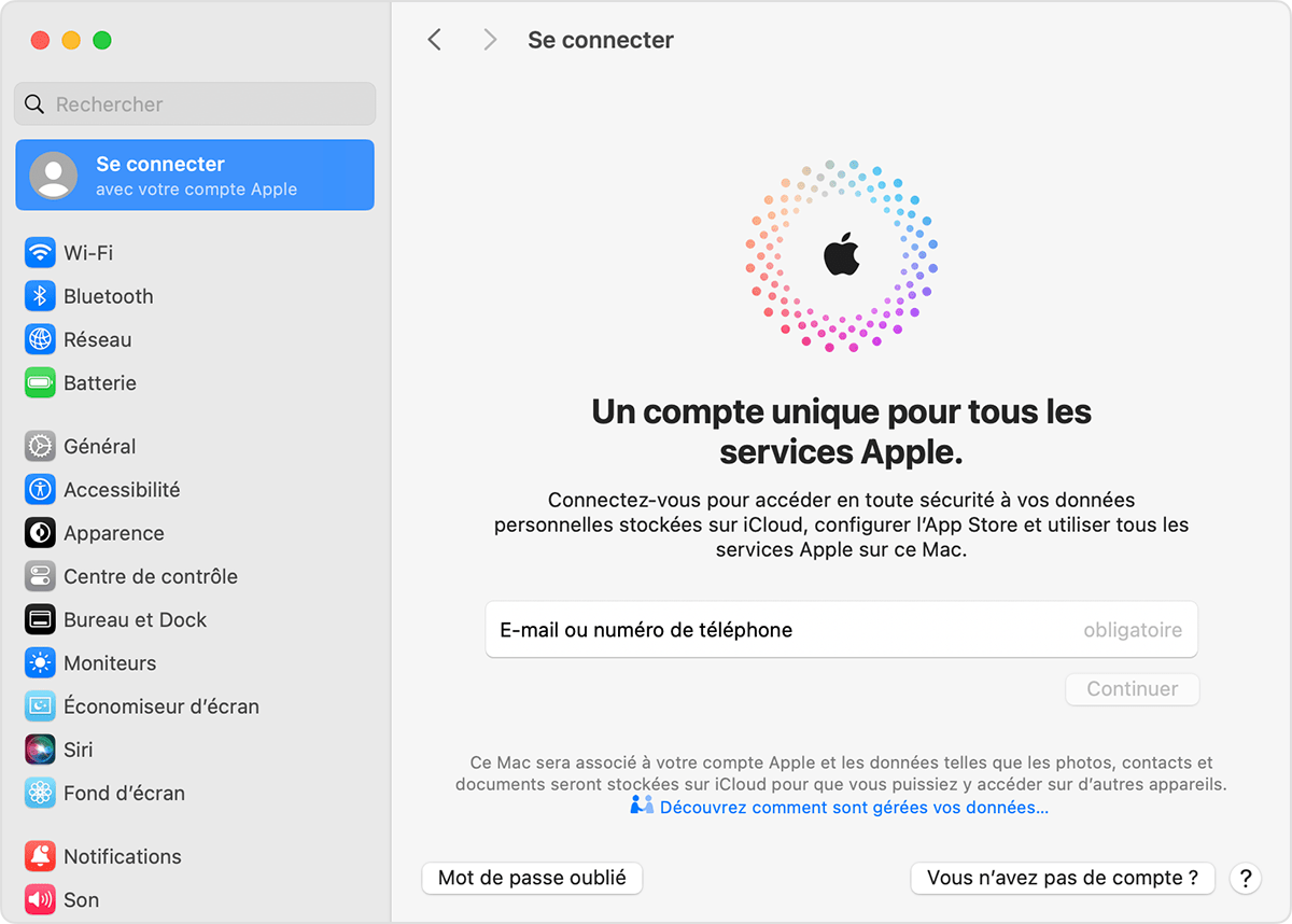 Écran du Mac montrant le bouton pour Vous n’avez pas de compte ?