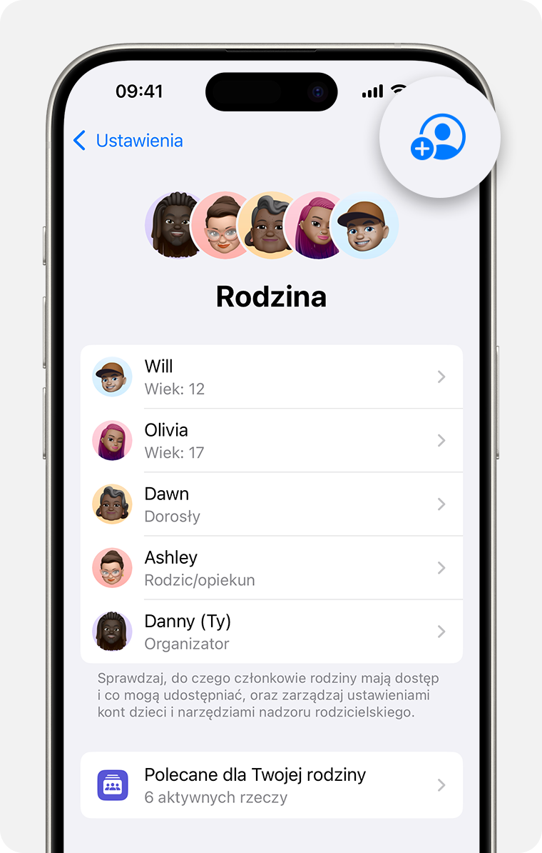 Ustawienia iPhone’a pokazujące ustawienia rodzinne z wyróżnionym przyciskiem Dodaj członka