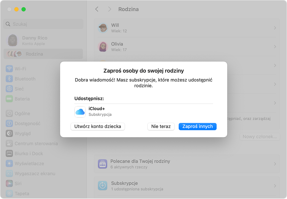 Ustawienia systemowe Maca pokazujące zaproszenie do Chmury rodzinnej i przycisk Utwórz konto dziecka