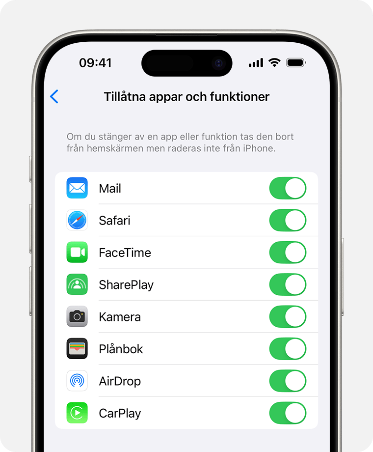 En iPhone-skärm som visar tillåtna appar