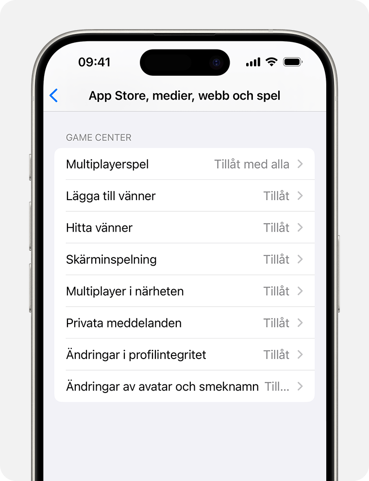 En iPhone-skärm som visar alternativ för innehållsbegränsningar för föräldrakontroll