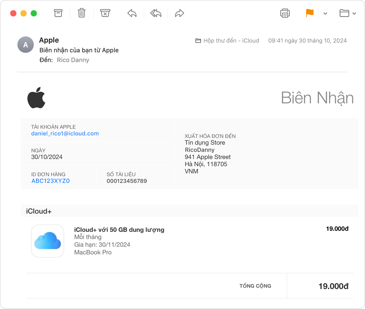 Biên lai qua email từ Apple. Tài khoản Apple liên kết với giao dịch mua được hiển thị cùng với thông tin thanh toán.