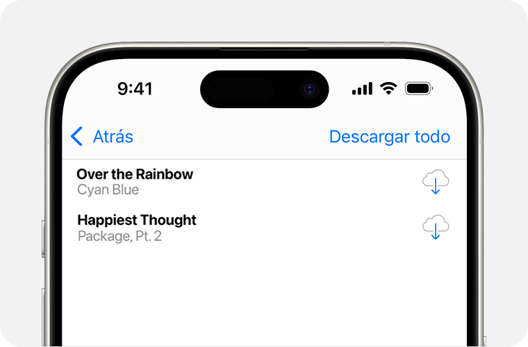 Un iPhone en el que se muestra una lista de canciones que puedes volver a descargar. El botón Descargar está a la derecha, que es una nube con una flecha apuntando hacia abajo en el centro.