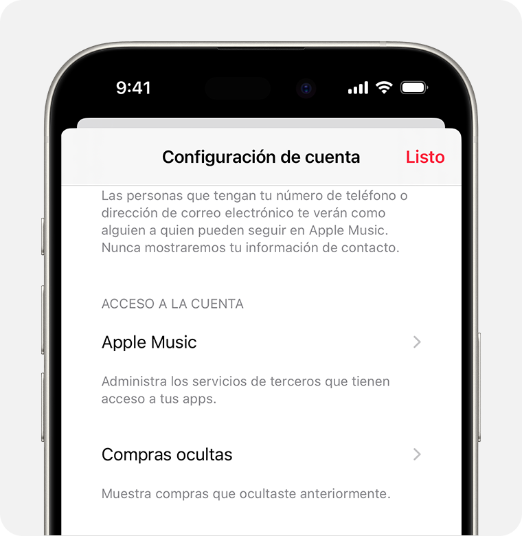 un iPhone en el que se muestra la pantalla Configuración de la cuenta en Apple Music. Las compras ocultas se encuentran en el medio de la pantalla.