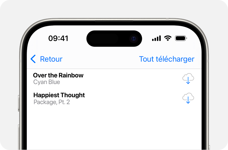 Un iPhone montrant une liste de morceaux que vous pouvez télécharger à nouveau. Le bouton Télécharger se trouve à droite. Il représente un nuage au milieu duquel se trouve une flèche pointant vers le bas.