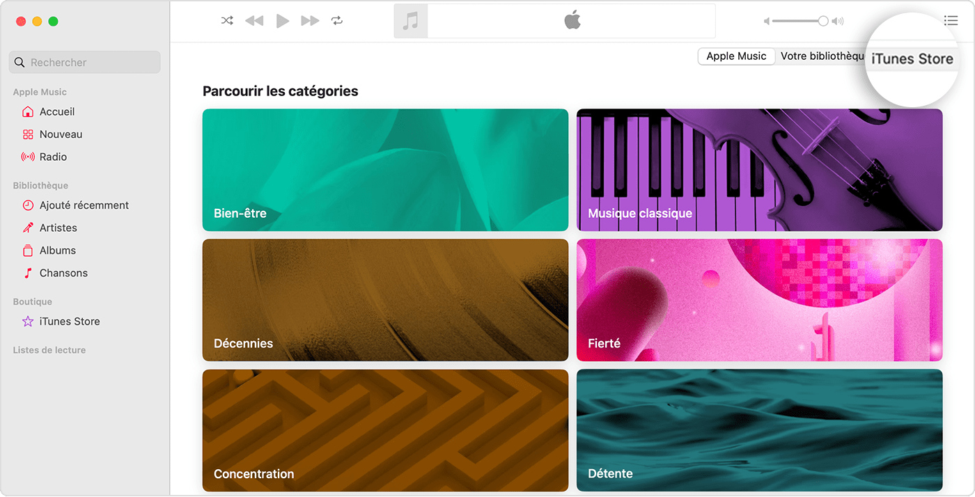 L’app Apple Music pour Mac qui affiche Parcourir les catégories. En haut à droite, des options sont affichées pour Apple Music, Votre bibliothèque et iTunes Store, et l’option iTunes Store est sélectionnée.