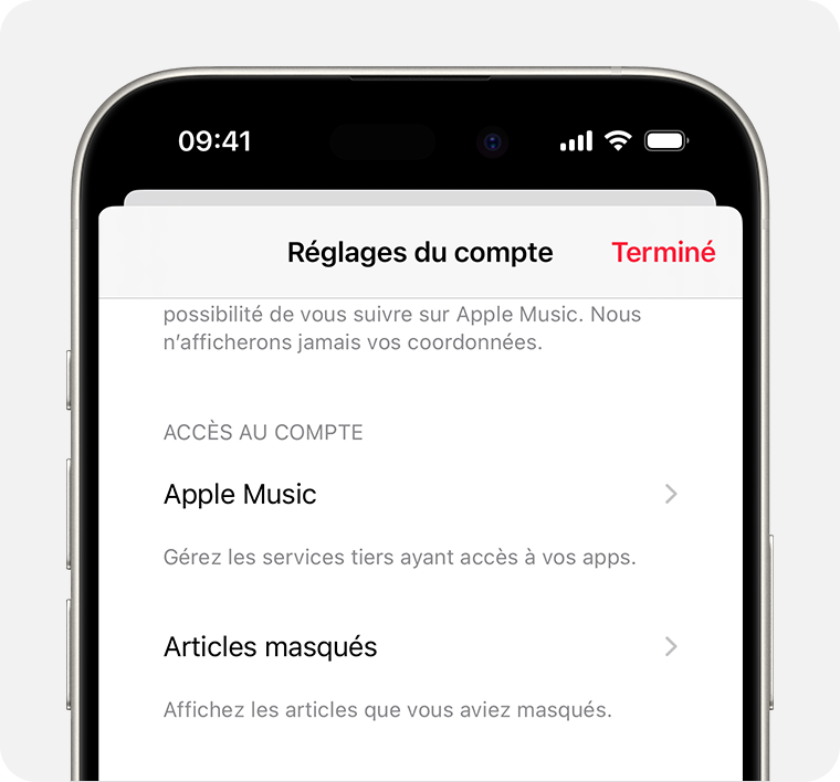 Un iPhone affichant l’écran Paramètres du compte dans Apple Music. L’option Achats masqués se trouve au milieu de l’écran.