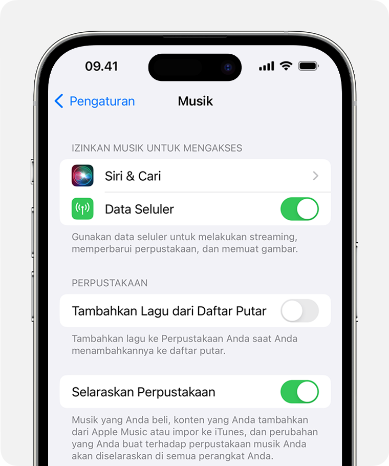 iPhone menampilkan Selaraskan Perpustakaan yang diaktifkan di Pengaturan Musik.