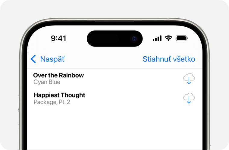 iPhone so zoznamom skladieb, ktoré si môžete znova stiahnuť. Tlačidlo Stiahnuť je napravo ako ikona oblaku, v strede ktorého je šípka smerujúca nadol.