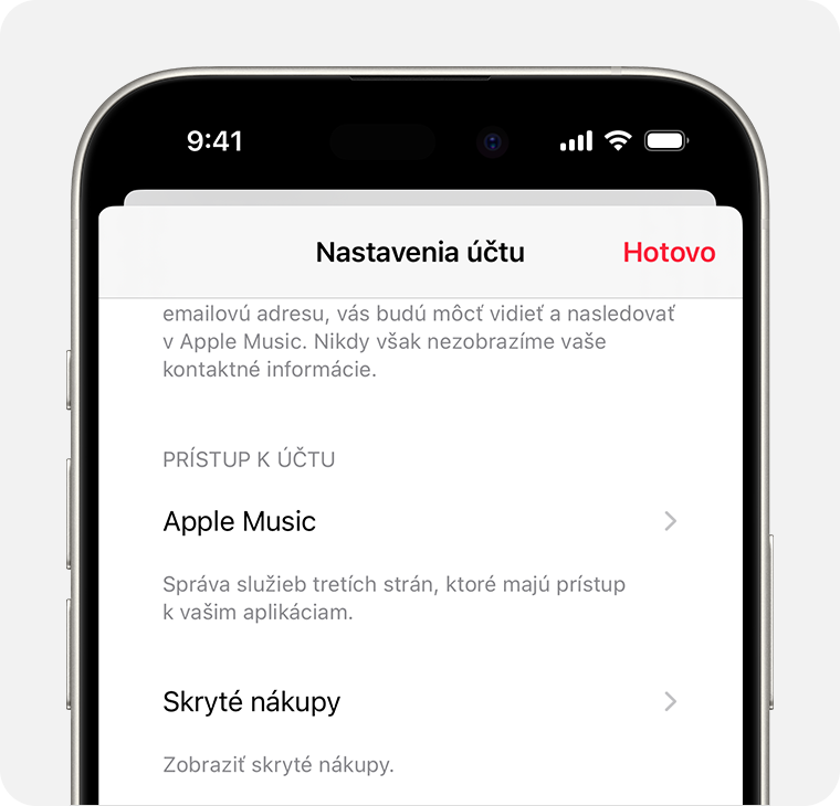 iPhone zobrazuje obrazovku Nastavenia účtu v Apple Music. Skryté nákupy v strede obrazovky.