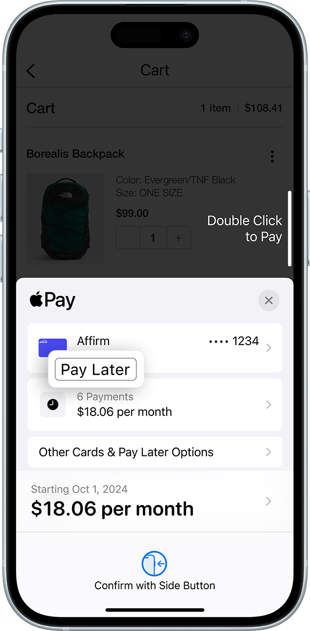 "Pay in Full" and "Pay Later" hints on the selected payment card.