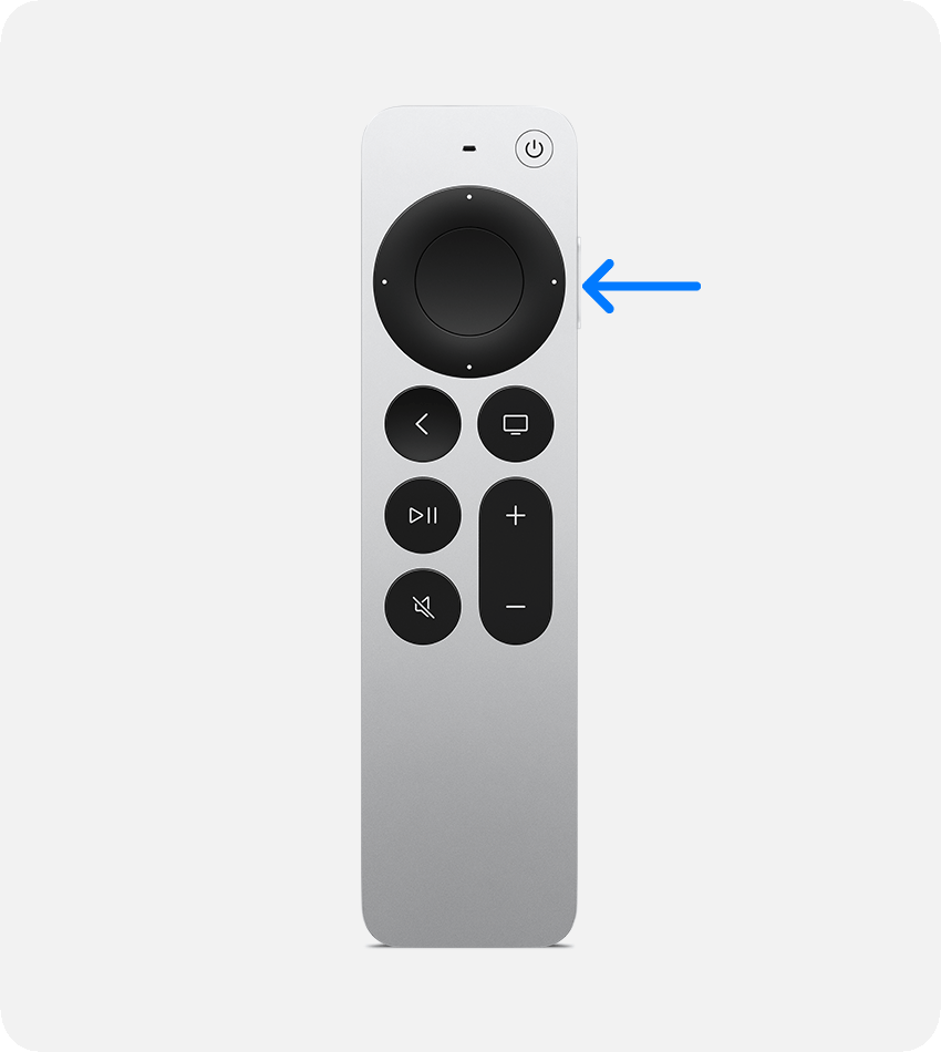 Apple TV Remote avec flèche bleue indiquant le bouton latéral permettant de faire appel à Siri