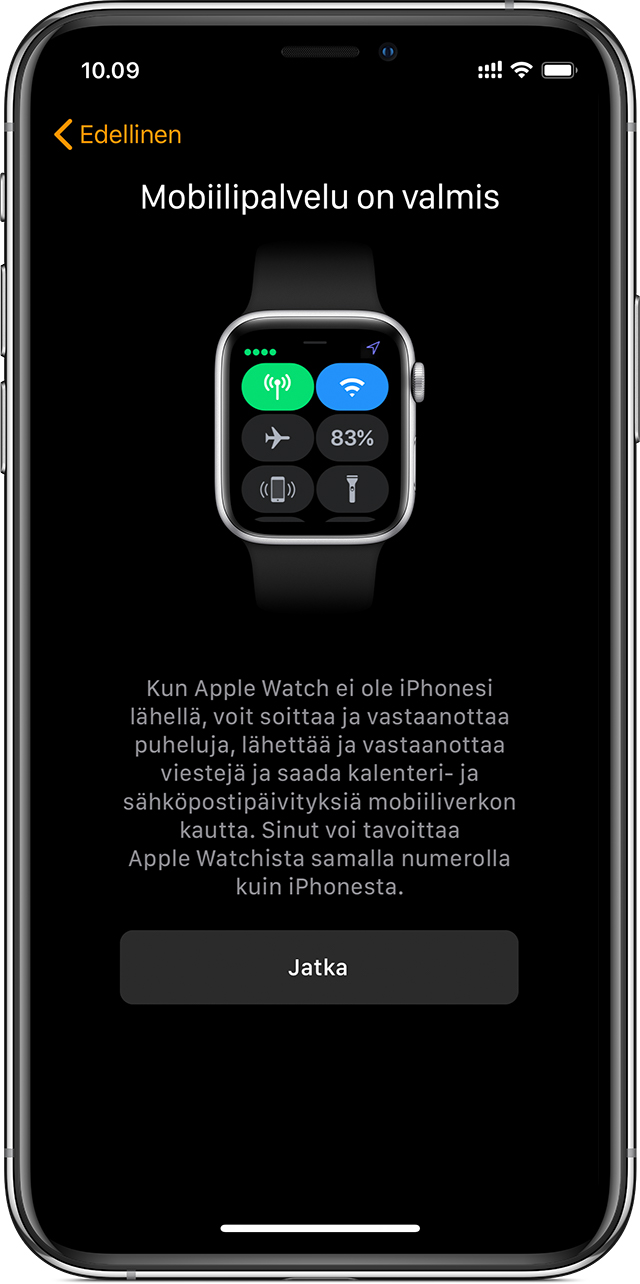 iPhonen mobiiliyhteyden määritysnäyttö, jossa näkyy, että mobiiliyhteys on Apple Watchissa valmiina käyttöön.