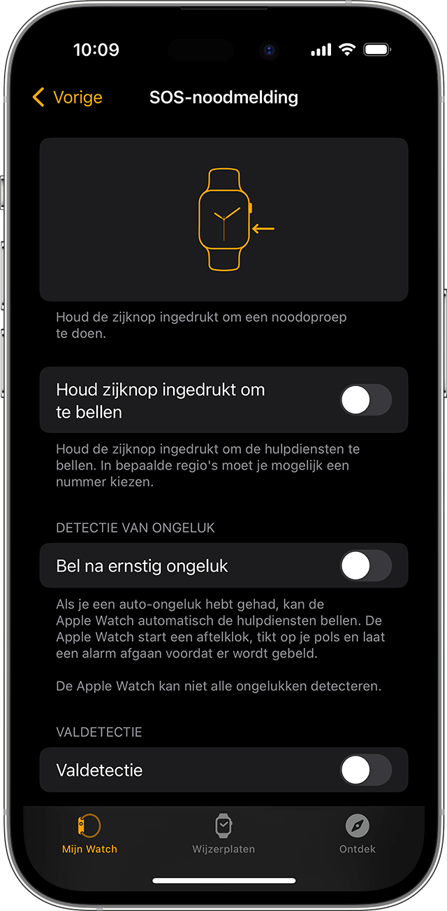 iPhone-scherm met SOS-instellingen voor noodgevallen voor Apple Watch