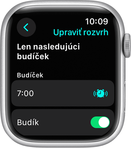 Hodinky Apple Watch zobrazujúce možnosti na úpravu času budíčka a len nasledujúceho budíčka.