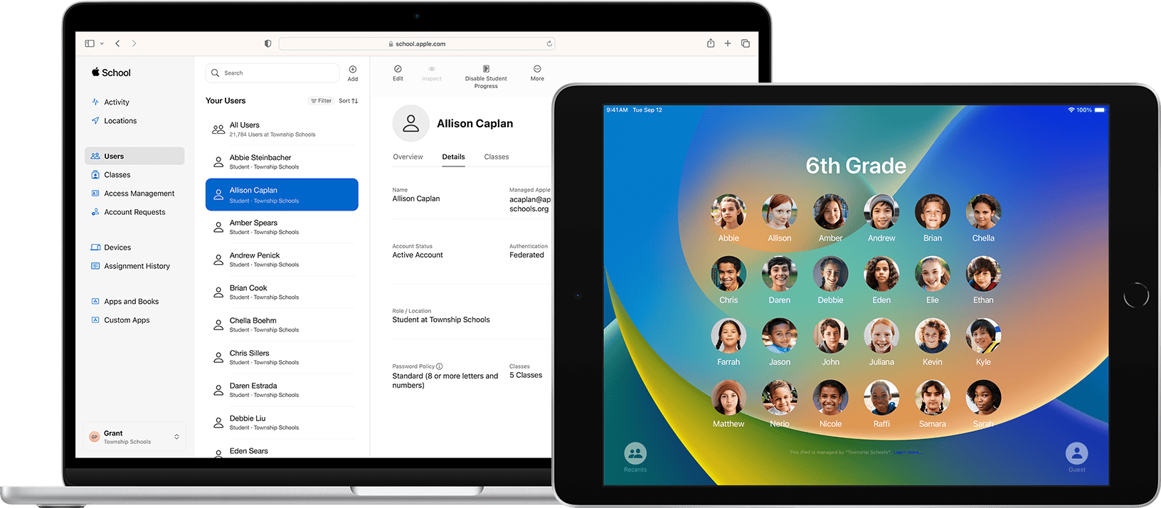 Mac and iPad displaying Apple School Manager