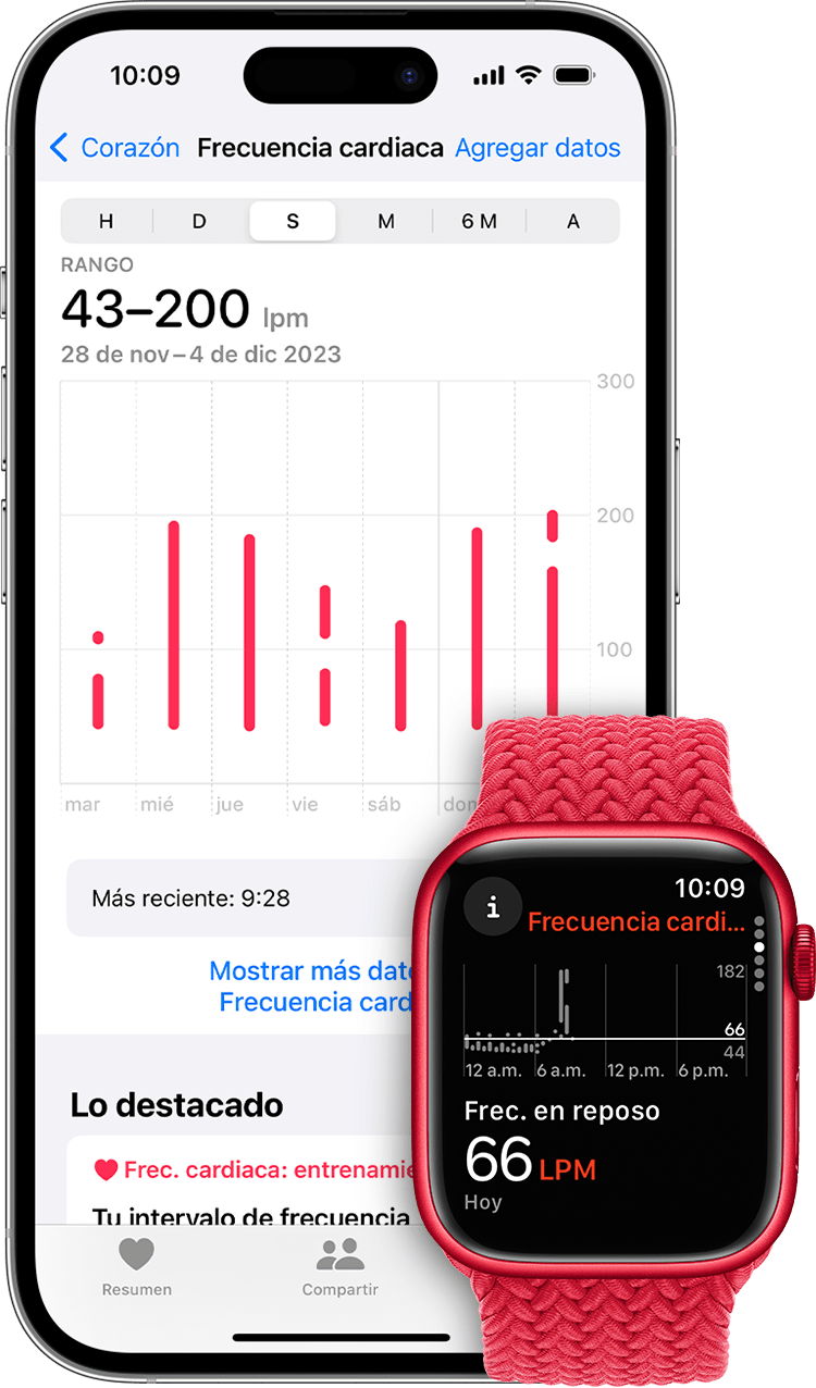 Un iPhone en el que se muestra un gráfico de datos semanales de frecuencia cardiaca y un Apple Watch en el que se muestra una frecuencia en reposo de 57 latidos por minuto.