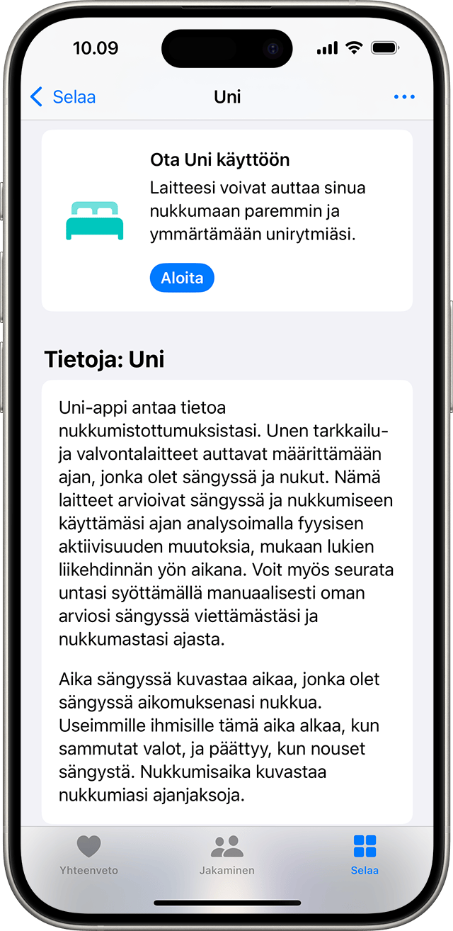 iPhone, jossa näkyy Terveys-apin Uni-näyttö ja sininen Aloita-painike uniominaisuuden käyttöönottoa varten.