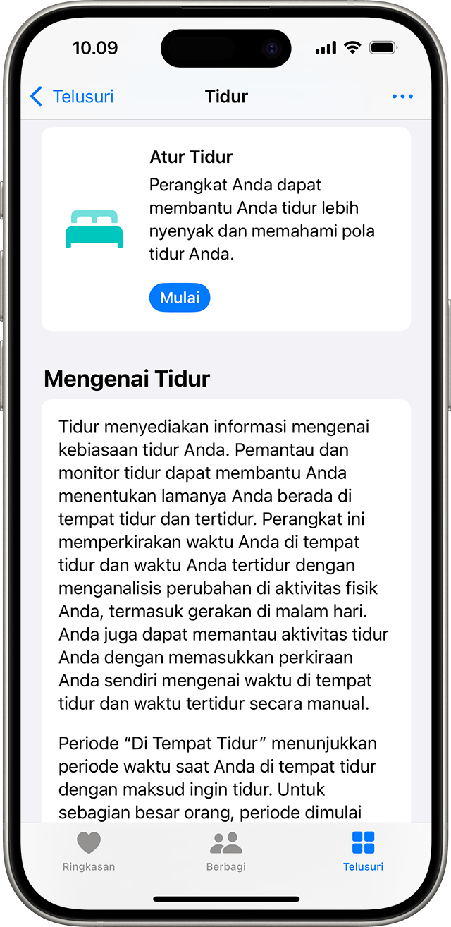 iPhone yang menampilkan layar Tidur di app Kesehatan dengan tombol Mulai warna biru untuk mengatur Tidur.